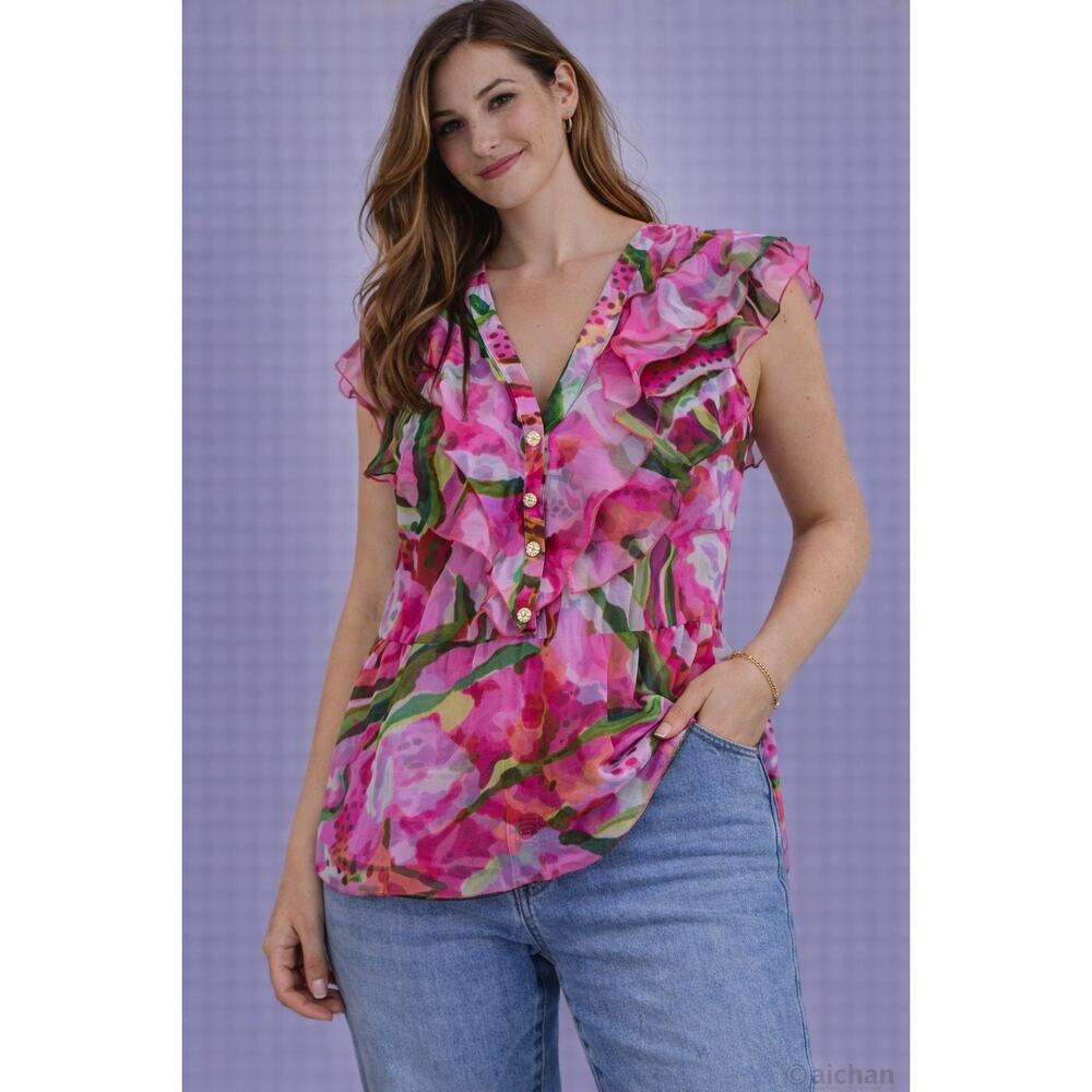 Tessa Koops Floral Ruffle Blouse Top Pink Multicolor Xl Sheer V Neck